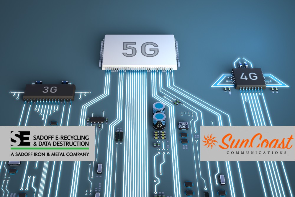 3G, 4G, and 5G chips visualized and Sadoff +SunCoast logo