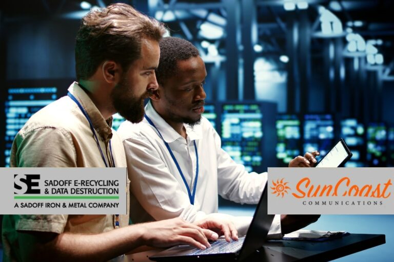 Two guys working in a data center and Sadoff +SunCoast logo