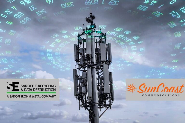Cell tower with visualized data with SunCoast and Sadoff logo