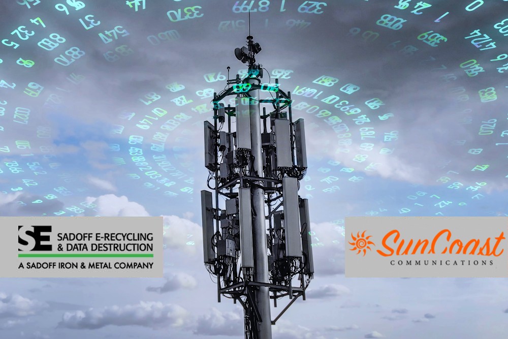 Cell tower with visualized data with SunCoast and Sadoff logo