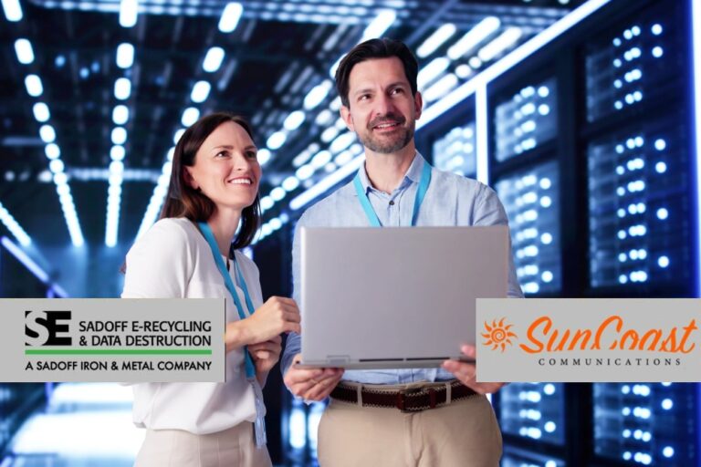 Two people in a data center and Sadoff +SunCoast logo