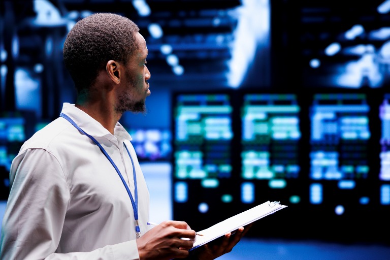 Man overlooking data center