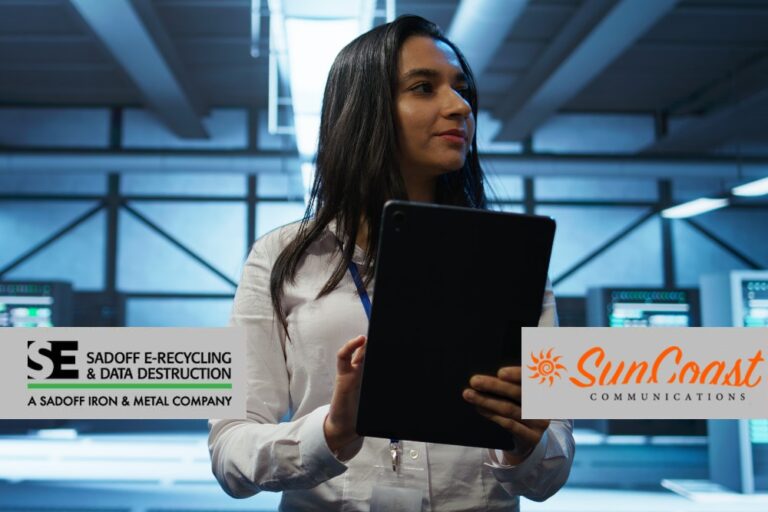 Woman reviewing data center with Suncoast and Sadoff logo