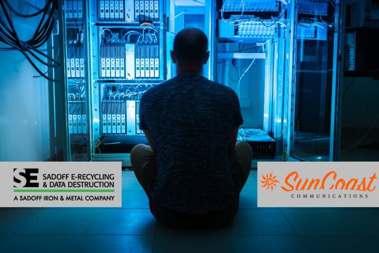 Engineer in a data center with Suncoast and Sadoff logo