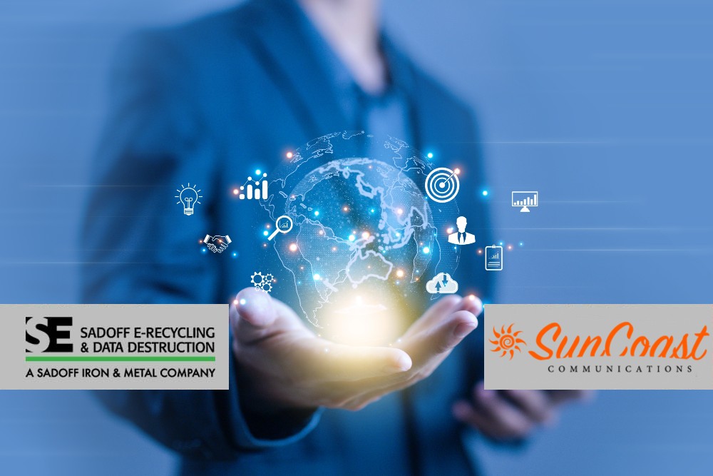 Man with digital world in his hands with Suncoast and Sadoff logo