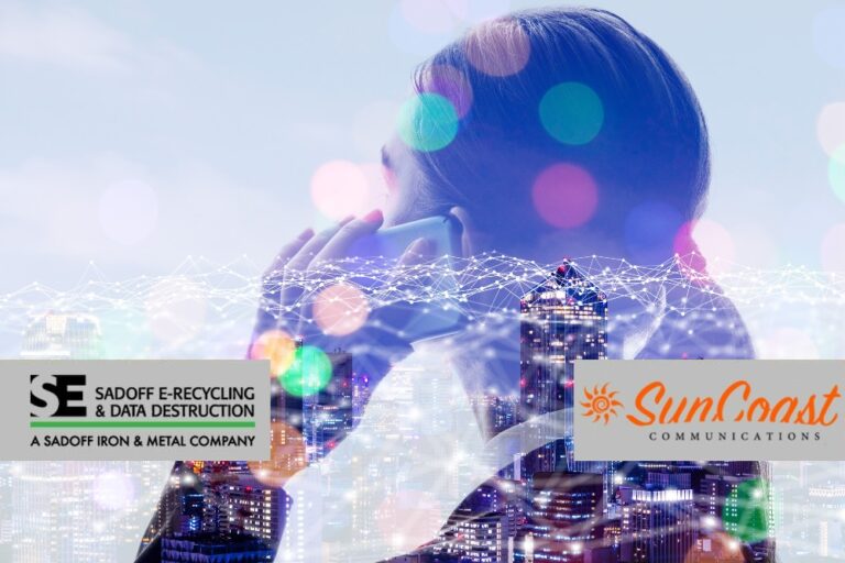 Woman on the phone with telecom imagery with Sadoff and SunCoast logo