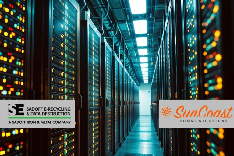 Old server racks in a data center with Sadoff and SunCoast logo