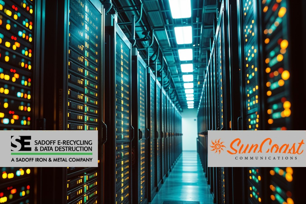 Old server racks in a data center with Sadoff and SunCoast logo