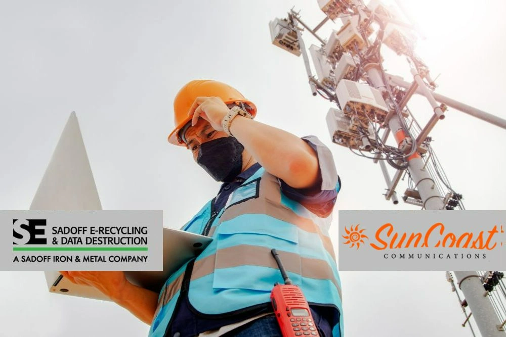 Man looking at laptop under telecom equipment with Sadoff and SunCoast Logos