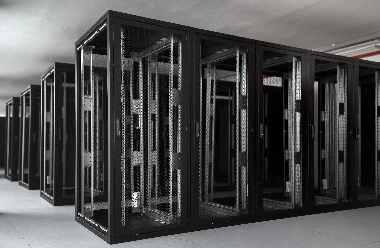 Empty server racks in a data center