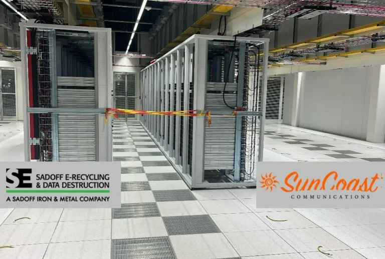 Empty server racks with Sadoff and SunCoast logos