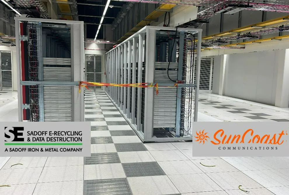 Empty server racks with Sadoff and SunCoast logos