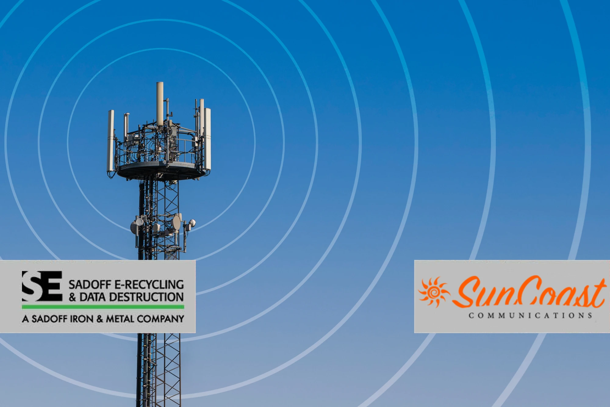 cell tower with signal waves with Sadoff and SunCoast logos