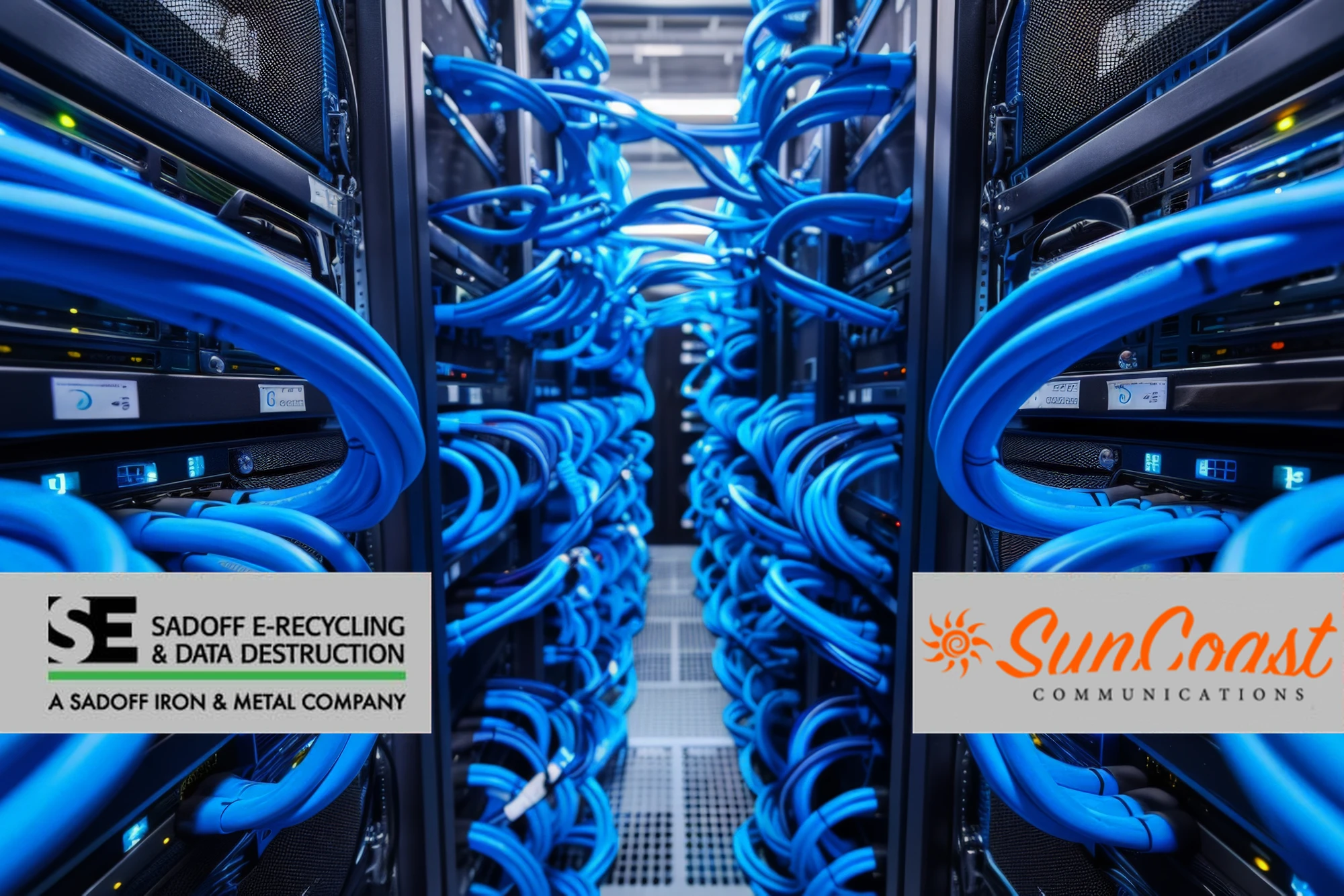 blue server room cables with Sadoff and SunCoast logos